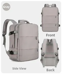 Multi-angle views of grey travel backpack showing front, back, and side functional details