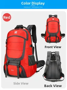 Detail view of red 85L hiking backpack featuring breathable back system and buckles