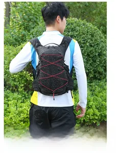 Outdoor sports backpack featuring a red elastic drawstring system and breathable mesh shoulder straps