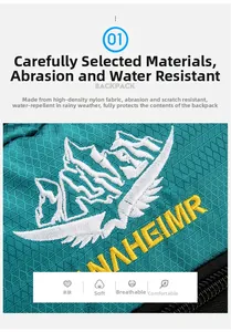Detail of teal outdoor backpack showing waterproof nylon fabric and durable embroidery
