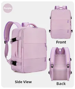 Purple travel backpack featuring side buckles and breathable straps in multiple views