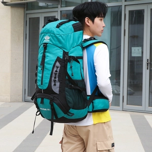 60L large capacity outdoor hiking backpack in teal and black waterproof nylon fabric