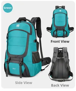 Detailed views of an 85L green outdoor hiking backpack showing front and back straps