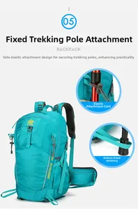 Detail of 35L outdoor backpack showing trekking pole attachment and nylon fabric