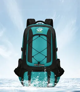 Detail of waterproof high-density nylon fabric on the turquoise hiking backpack