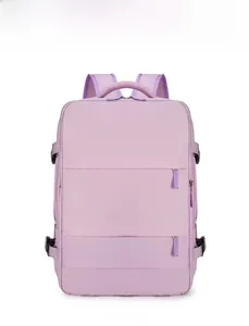 Front view of large capacity light purple travel backpack with multiple zip pockets