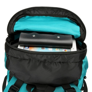 Large capacity outdoor hiking backpack in blue and black with interior storage view