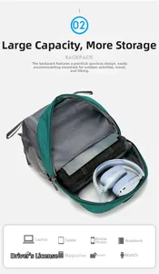 Detail view of the spacious inner compartment of the green diamond pattern outdoor backpack