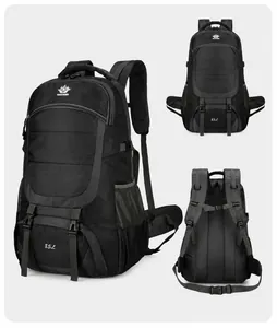 Detailed views of an 85L black hiking backpack showing front side and back ergonomics