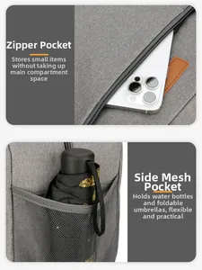 Detail of insulated lunch bag featuring secure zipper pocket and elastic side mesh pocket