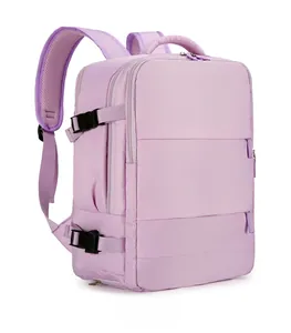 Side view of purple waterproof travel backpack showing zippers and buckle straps