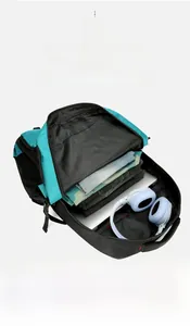Detail view of large nylon travel backpack with compartments for laptop and gear