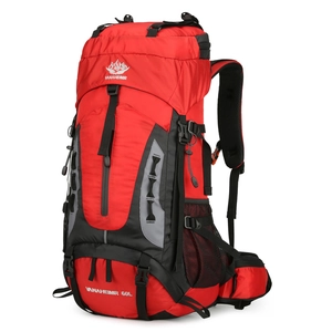 Red 60L outdoor hiking backpack with ergonomic shoulder straps and large capacity