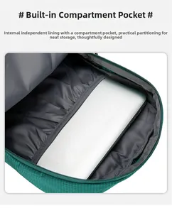 Detail of green hiking backpack interior with mesh texture and laptop compartment