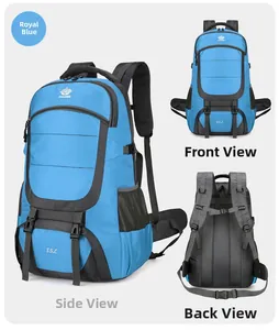 85L royal blue outdoor hiking backpack featuring multi-angle views and a padded back system