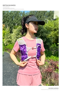 Detail of purple running hydration vest with breathable mesh and adjustable chest straps