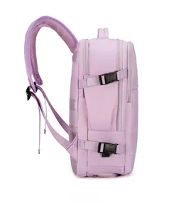 Side view of lavender travel backpack showing triple zipper pockets and side buckle straps