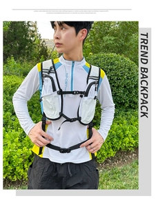 Front view of waterproof white outdoor running vest with yellow straps and mesh pockets