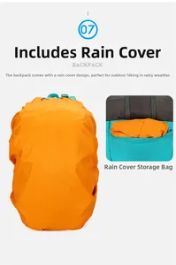 Close-up of orange waterproof rain cover for hiking backpack with storage pocket details