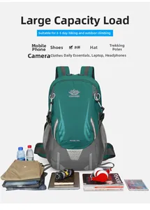 Detail view of 45L outdoor hiking backpack with its capacity to store diverse travel gear