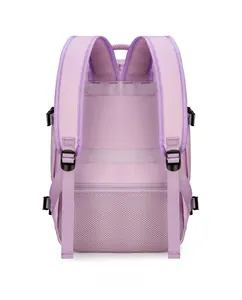 Ergonomic back of purple travel backpack with breathable mesh straps and hidden pocket