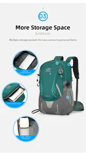 Detail view of 46L outdoor backpack featuring laptop compartment and tiered zipper pockets