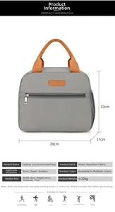 Detail showing dimensions 28x23x17cm and 0.22kg weight of this grey insulated lunch bag