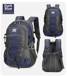 Three-view layout of deep blue hiking backpack with breathable mesh back and side pockets
