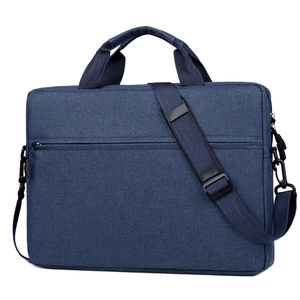 Minimalist navy blue business laptop bag with adjustable shoulder strap and front zipper pocket