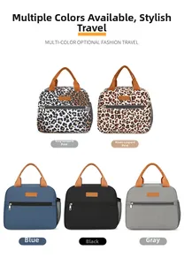 Various colors of insulated lunch bags including leopard patterns and solid oxford fabrics
