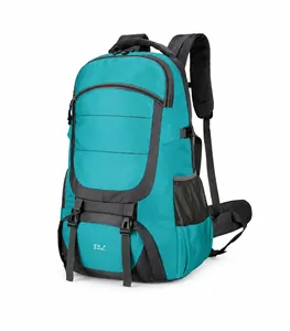 Macro detail of the 85L green outdoor hiking backpack with ripstop nylon fabric and side pockets