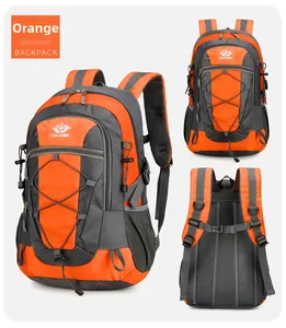 Three-view layout of orange outdoor hiking backpack with ergonomic mesh padding