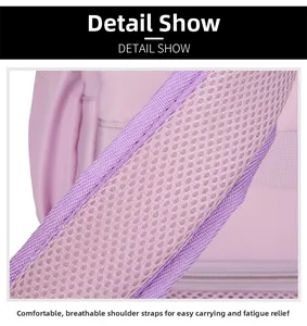 Detail view of breathable purple mesh shoulder strap for comfortable travel backpack