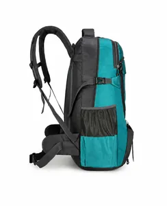 Side view of blue outdoor hiking backpack featuring mesh pockets and adjustable buckles