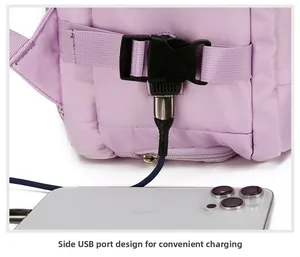 Detail view of the lavender travel backpack showing integrated side USB charging port with cable