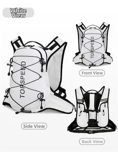 Three-view display of a white waterproof marathon hydration backpack with mesh straps