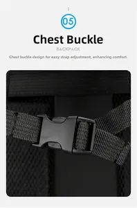 Detail of adjustable chest buckle and breathable mesh padding on the hiking backpack