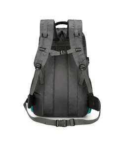 Detail of ergonomic breathable mesh back padding and shoulder straps on hiking backpack