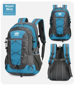 Three views of a royal blue hiking backpack with honeycomb back ventilation system