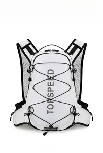 Front view of white waterproof running backpack with breathable mesh straps and bungee cords
