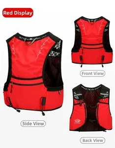 Vista anteriore e posteriore del gilet da corsa rosso traspirante con scomparti in rete leggera