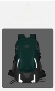 Detail view of the 45L outdoor hiking backpack with logo and safety reflective strips