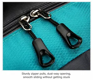 Macro shot of durable dual metal zippers on a teal honeycomb ripstop hiking backpack