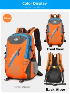 Three-way view of 40L orange hiking backpack showing front side and breathable back mesh