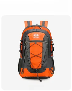 Front view of orange and grey outdoor hiking backpack with VANAHEIMR logo