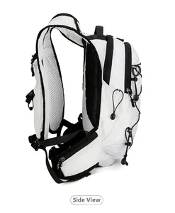 Side view of white hiking backpack showing adjustable straps and mesh details