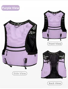 Vista anteriore e posteriore di un gilet da corsa viola traspirante con strisce riflettenti