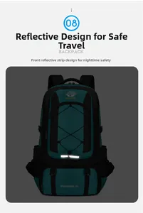 Detail view of 75L outdoor hiking backpack with reflective safety strips and buckle