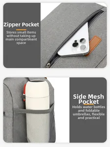 Detail view of the gray lunch bag featuring a zipper pocket and a mesh side water bottle holder
