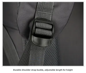 Detail of durable adjustable strap buckles and breathable mesh padding on the hiking backpack
